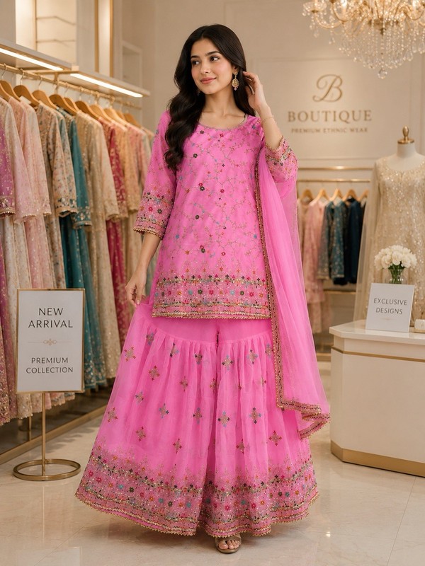 Women’s Pink Embroidered Sharara 3-Piece Outfit Set w/ Dupatta, Net
