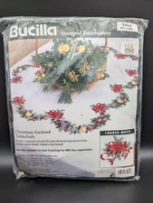 1998 Bucilla Stamped Embroidery Christmas Garland Tablecloth 83965 60X104