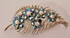 Vintage Cora Brooch Pin~Silver Tone~Blue Rhinestones~Leaf Shape~ 2 5/8" Long-EUC