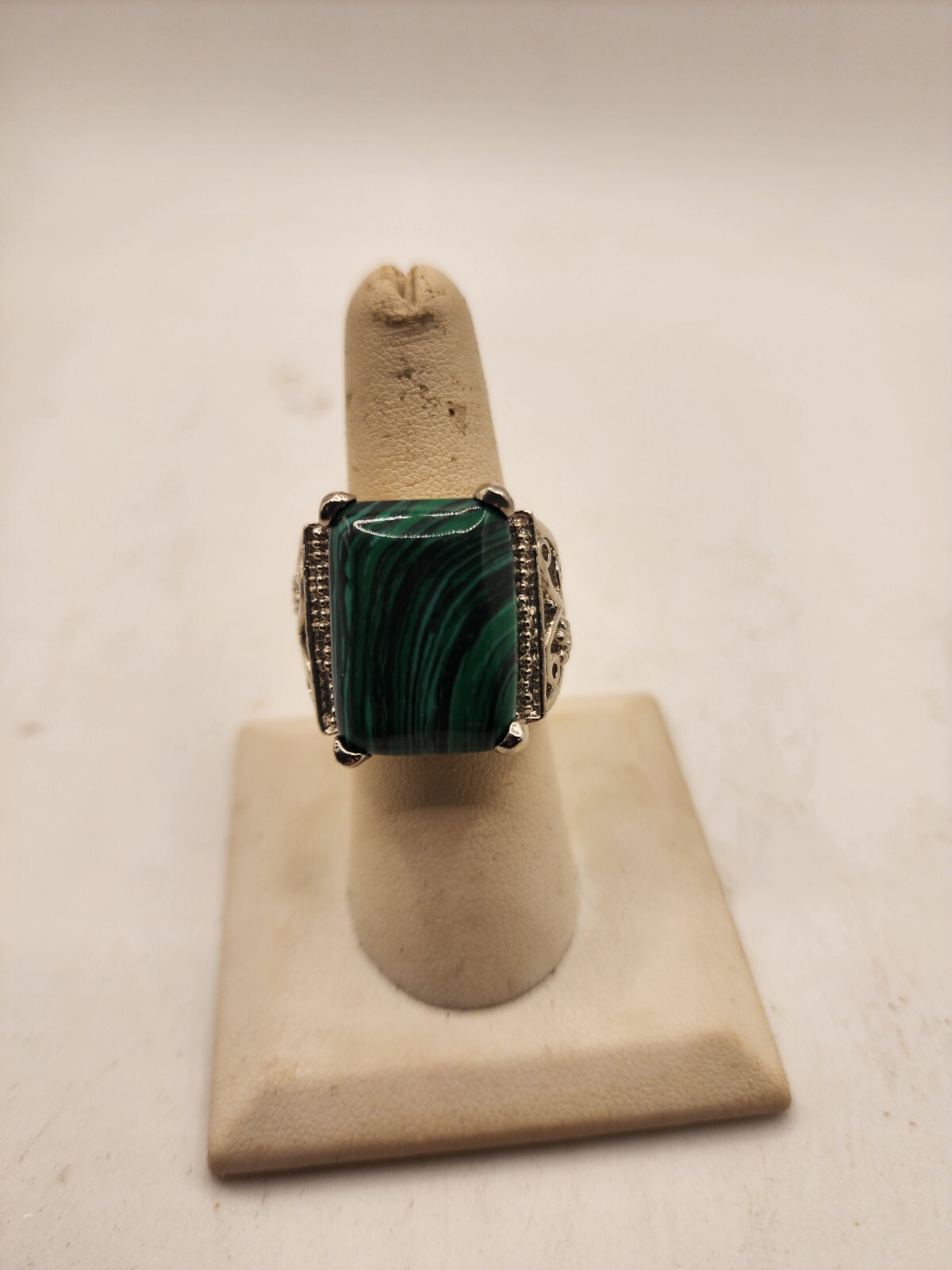 Faux Rectangle Malachite Silver Electroplated Rin… - image 2