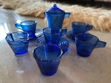 Vintage Cobalt Blue Depression Glass 11-Piece Miniature Tea Set Charming 