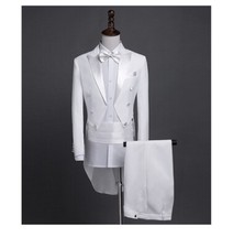 White Men Tailcoat Suit Peak Lapel Formal Groom Tuxedo Wedding 3 Piece Suits