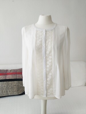 verspielte Bluse Cremeweiß Offwhite D 38 40 mit Spitzeneinsatz Biesen Rundhals