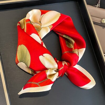 100% Silk Mulberry Square Scarf Women Neckerchief Wrap Vintage Red Flower 53*53