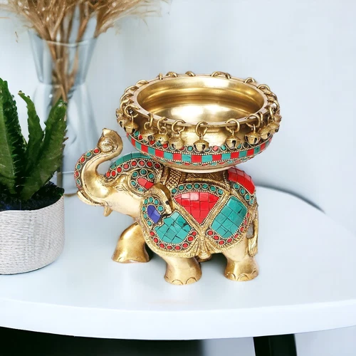 Brass Elephant Urli Decorated with Stonework 20 cm Big Elephant Brass Urli