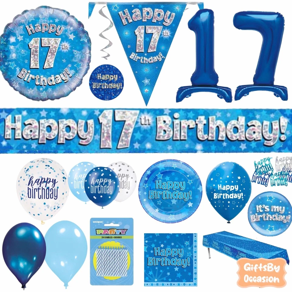 OAKTREE UK Blue 17th Birthday Decorations Happy Party Banner Bunting Balloons Candle Age 17