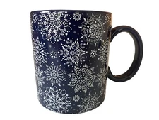 Chic & Tonic Coffee Mug Cup Navy Blue White Snowflake Pattern 16 oz Ceramic