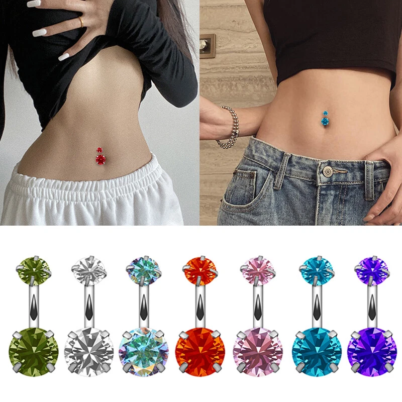 Belly Bar Surgical Steel Double Crystal Gem Navel Bar Button Ring Belly Bars USA