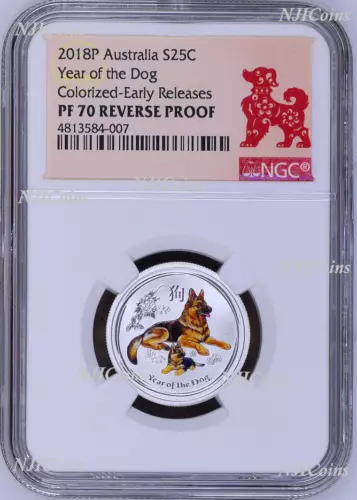 RARE 2018 Australia Colored Silver Lunar Year of the Dog NGC "PF" 70 1/4 oz Coin