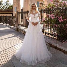 Elegant Princess Wedding Dress High Neck Long Sleeves Lace Applique Bridal Gowns