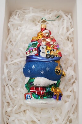 Radko Too Much Stuff, Blue Bag of Toys & Gifts on Chimney Christmas Ornament