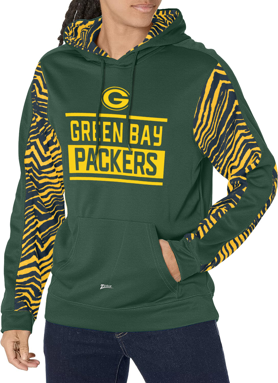 Толстовка-пуловер Zubaz NFL Mens Green Bay Packers командного цвета с зебровыми вставками и капюшоном