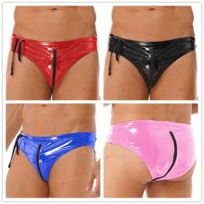 Mens Patent Leather Panties Swim Trunks Drawstring Zip Pouch Briefs Underwear