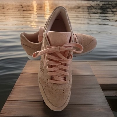 Reebok Classic Leather Shoes Womens Size 8 Pink Suede Woven Panel Low Top Casual