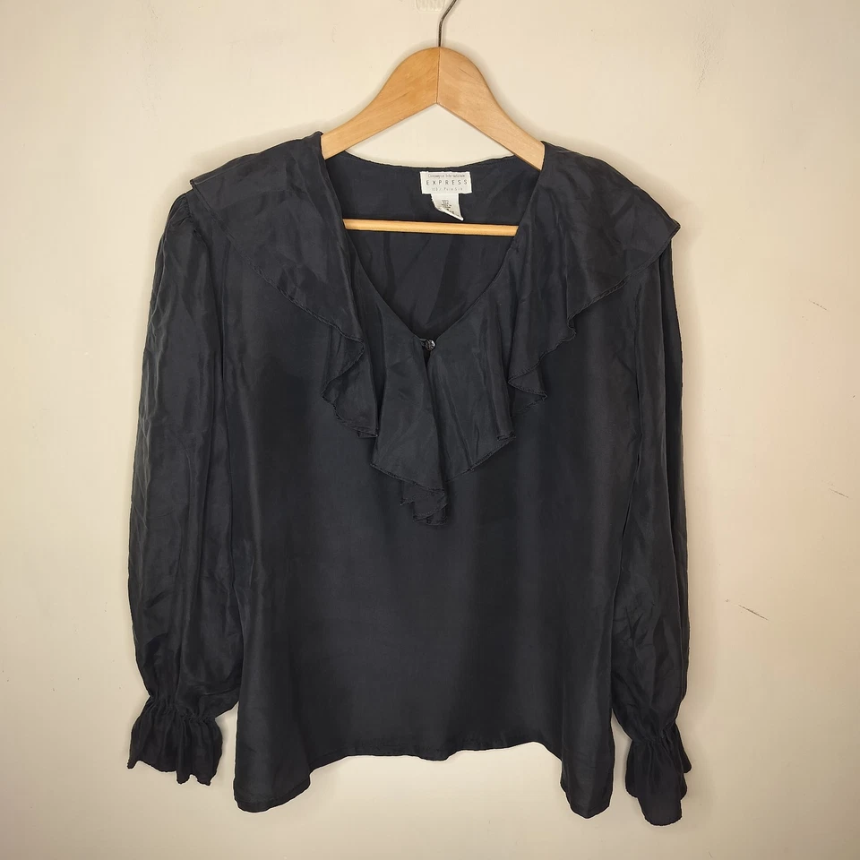 Blusa Top Vintage Express 100% Seda con Volantes Talla Pequeña Campagnie Internationale Foto 2 de 4