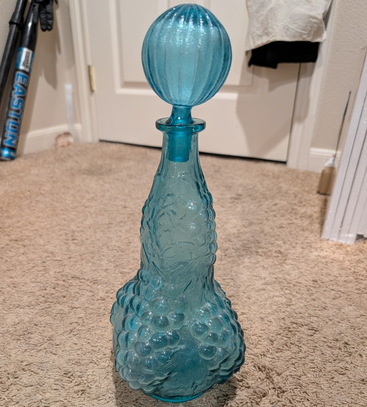 Vintage Empoli Style Aqua Blue Grape Glass Decanter w/ Stopper 14.5" MCM