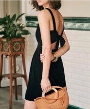 Sézane Dorina Black Tie Back Sweetheart Neck Fit and Flare Mini Dress size 42