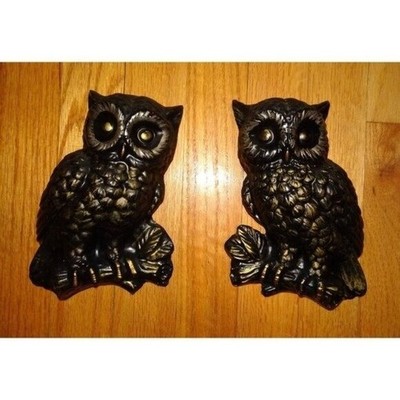 Vintage Black & Gold Chalkware Great Horned Owl Pair Wall Hanging 1970s plaque