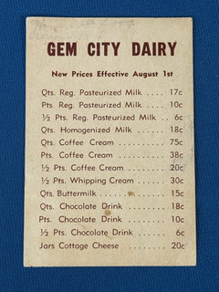 VTG Gem City Dairy Old Milk & Cream Price List Baraboo Wisconsin