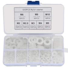 YOUYIDUN-650 Pcs White Nylon Flat Washer Assortment Kit, round Flat Nylon Washer