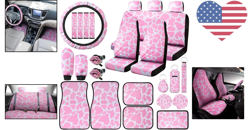 Fundas de asiento universales con patrón de vaca con volante y accesorios para coches Foto 2 de 4