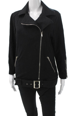 Neiman Marcus Women Motorcycle Jacket Black Collared Long Sleeve Buckle Size L