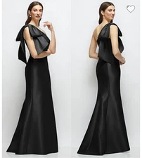 $289 Alfred Sung Dress SZ 18 Black One Shoulder Bow Back Satin Gown D831 Formal