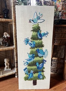 Vintage Paragon Bluebird Fir Tree Crewel Embroidery Wall Hanging MCM Completed