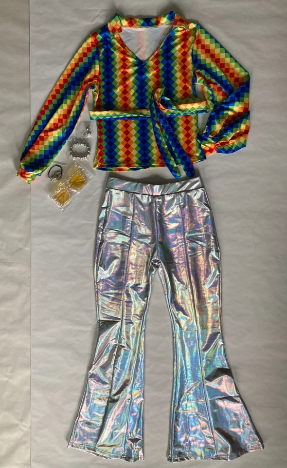 Joy Bang 70s Disco Costume Size S Rainbow Top Silver Bell-Bottom M Not Halloween - Image 2 of 4