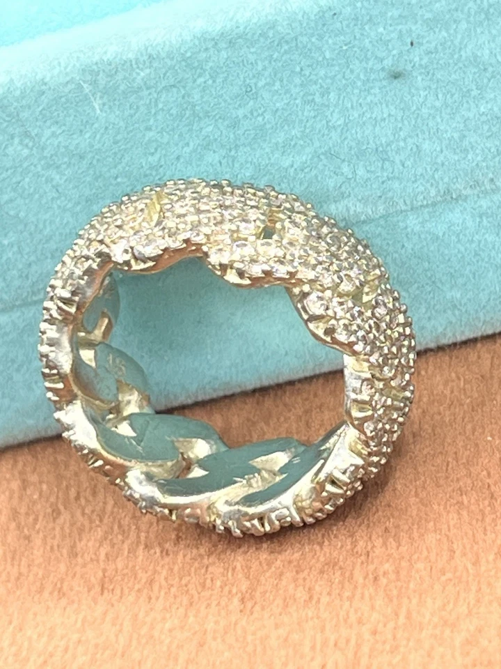 纯银 925 古巴链式嘻哈 CZ 大胆戒指 尺寸 9 男女皆宜 10 毫米 15.7 克 — 第 2/4 张图片