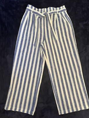J Crew Women s Re-Imagined White Blue Stripe Wide Leg Pants Linen Cotton Size 10