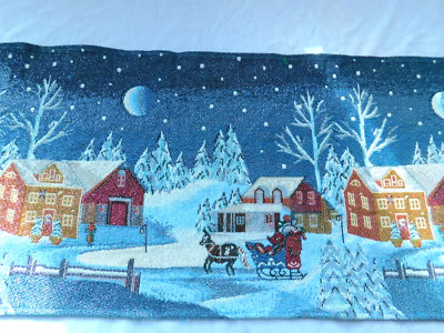Tapestry Christmas Table Runner Winter Night Snowscape Sleighs Horses 13'' x 65''
