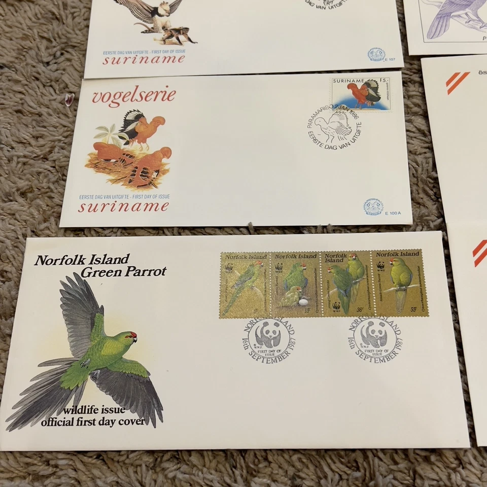 LOTE DE 12 CUBIERTAS DE AVES EN TODO EL MUNDO DE SURINAM NORFOLK AUSTRIA EE. UU. Foto 2 de 4