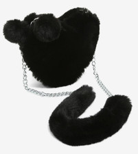 Black Fur Heart Shaped Valentine's Crossbody Bag Removable Chain Strap Purse NWT