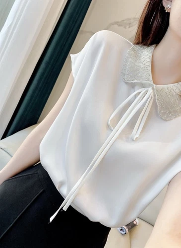Neu Mode Damen locker Puppenkragen Schleife Kurzarm Sommer Shirt Top - Bild 3 von 9