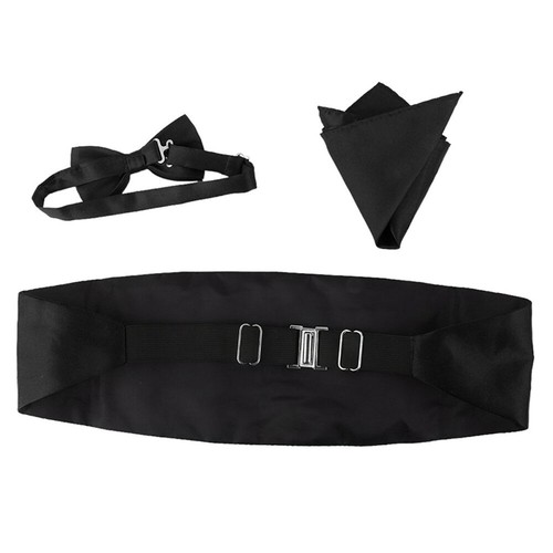 VICASKY 3-teiliges Herren-Set – Fliege, Kummerbund & Einstecktuch, Satin, Schwarz
