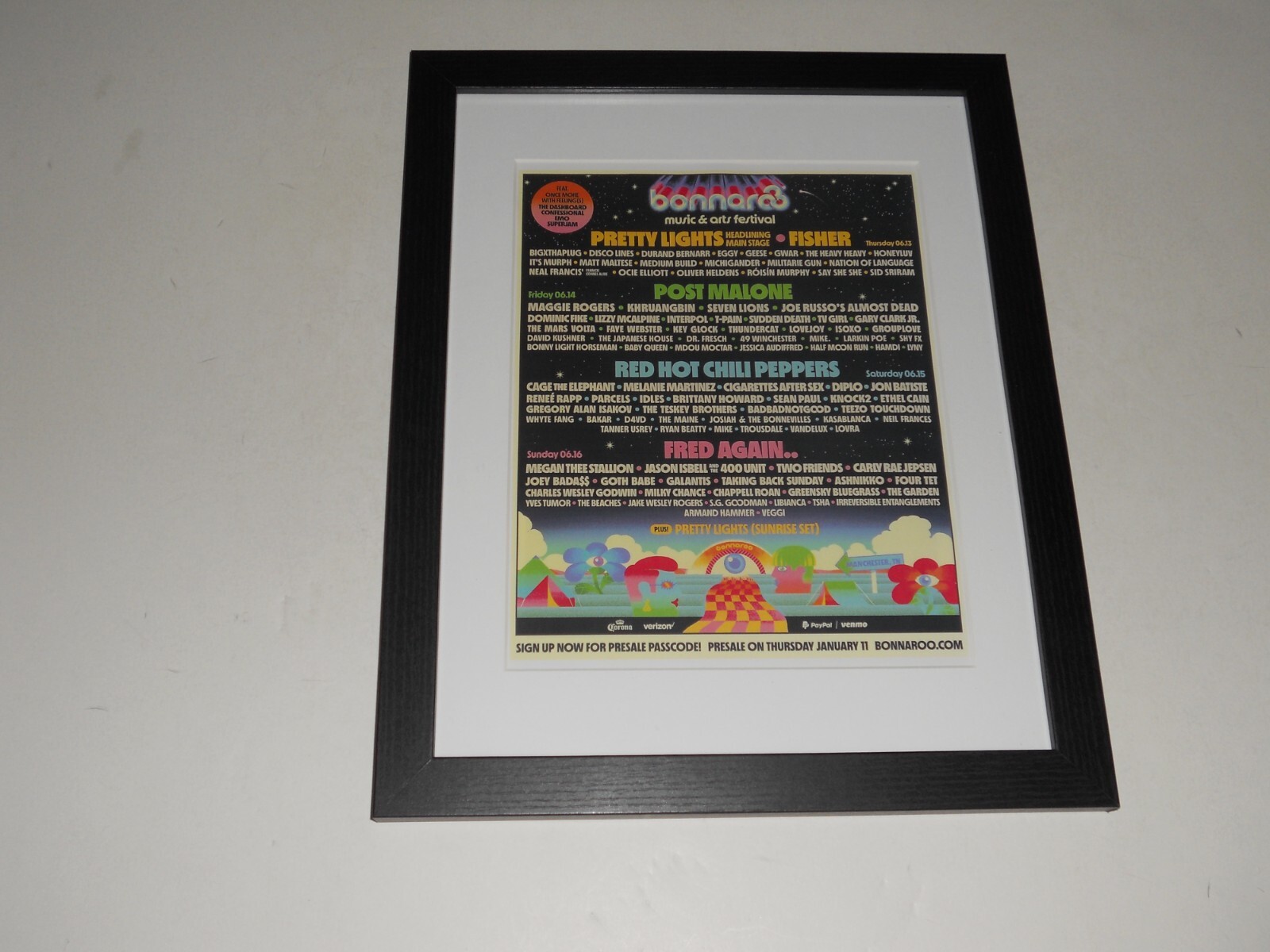 Framed Bonnaroo 2024 Handbill Post Malone, Fred Again, Pretty Lights 14" X 17" 2024 Bonnaroo Music