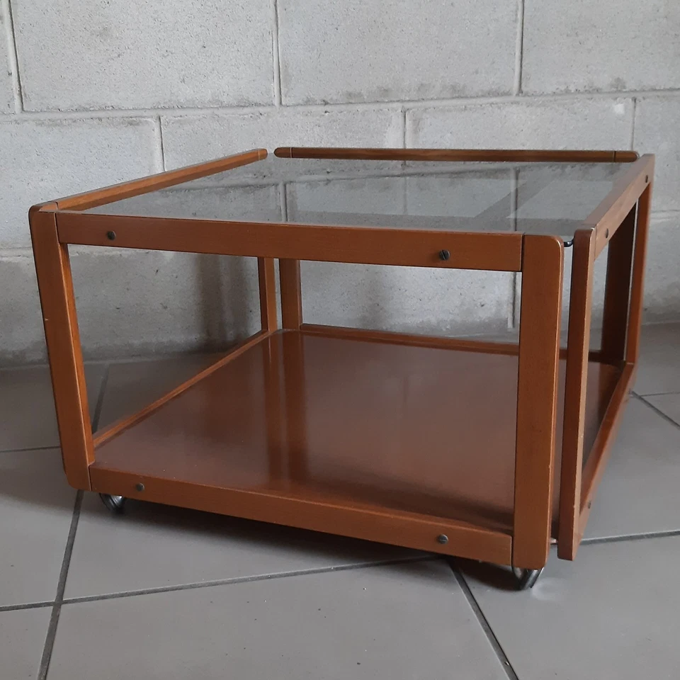 Table Basse Carrée En Bois Et Verre Design Busnelli Modernisme 1970 - Photo 3/4