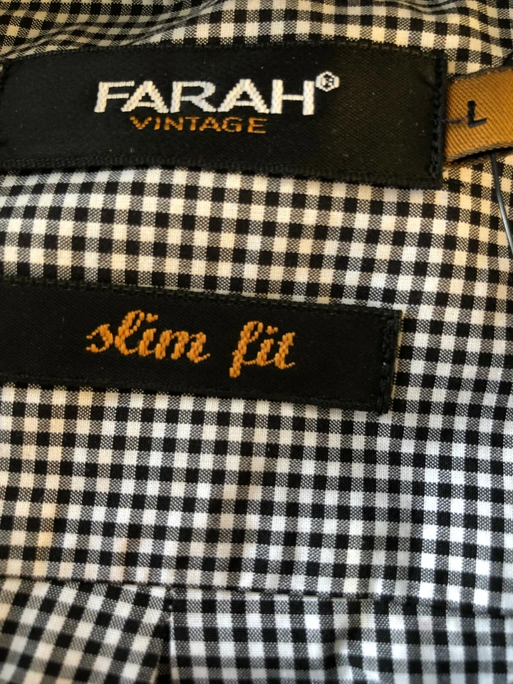 NUEVO CON ETIQUETAS FARAH Camisa Negra a Cuadros con Cuello LS L-Grande Calce Ajustado Algodón Foto 3 de 4