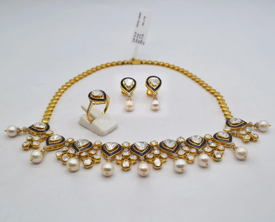 Juego de aretes collar de perlas Polki diamantes reales esmaltados en plata de ley 925 Foto 3 de 4