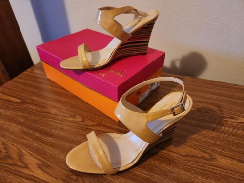 Kate Spade tan leather sandals with multi color rainbow stripe wedge heels NIB