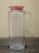 Retro Refrigerator Glass Pasabahce Ribbed 1 Qt Jug Pitcher Red Lid
