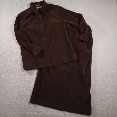 White Stag 2 Piece Set Button Up Shirt Skirt Women's 18W Brown Stretch L/S Suede