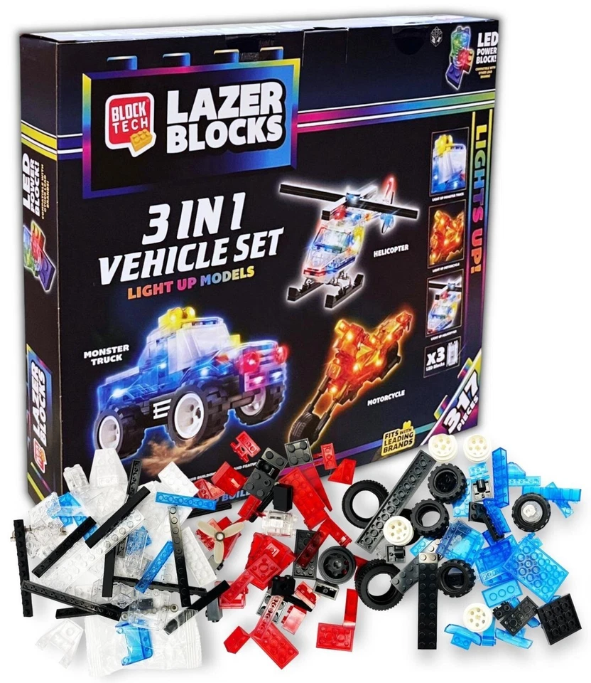 Block Tech Lazer Blocks 3 in 1 Vehicle Set Light Up Models 317pcs Boys Gift 3+