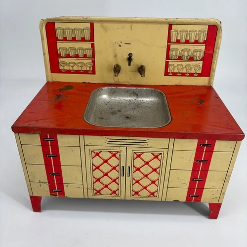 VTG 1950s Wolverine Tin Litho Toy Kitchen Sink Childs Play Mid Century USA Made