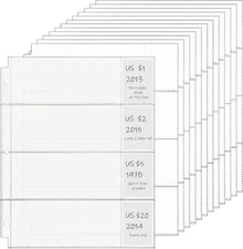 24 Clear 4-Pocket Currency Sleeves for 3-Ring Binder Bill Album Sheet Protectors