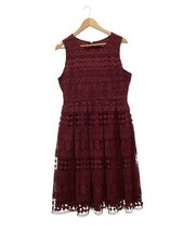 Lulu’s Lace Dress “Madly In Love” Size M Burgundy Lined Pockets Midi Waist 34