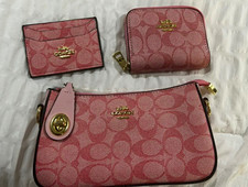 Coach Pink Signature Logo 3-Piece Accessory Set Wallet Wristlet Zip Pouch