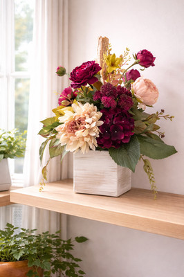 Handmade Silk Flower Centerpiece, Deep Purple Hydrangea, Blush Rose & Mum