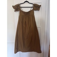 A New Day Smocked Puff Sleeve Midi Dress Brown Square Neck Tie Front Women's S